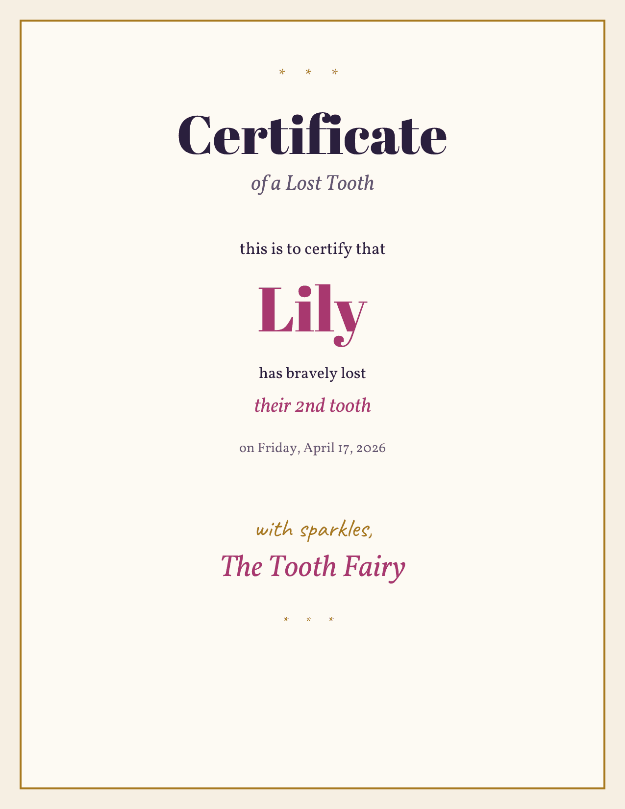Sample printable Certificate of a Lost Tooth, signed by the Tooth Fairy